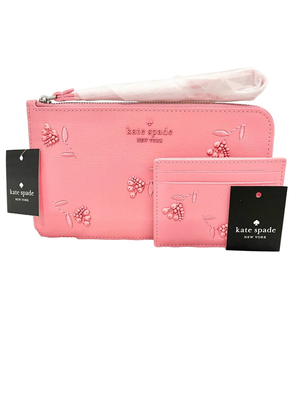 kate spade pink floral embossed wristlet with cardholder